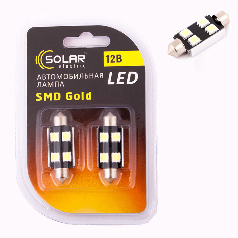SOLAR Автолампа LED 12V SV8.5 T11*42mm Canbus 5050 4SMD, white (60 шт.) підсвічування салону1