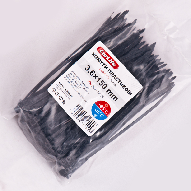 CARLIFE  Хомути пластикові чорні 3,6x150 (100шт.) 1