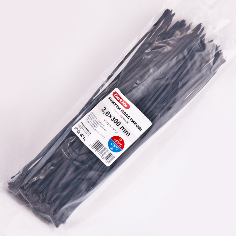 CARLIFE  Хомути пластикові чорні 3,6x300 (100шт.) 1