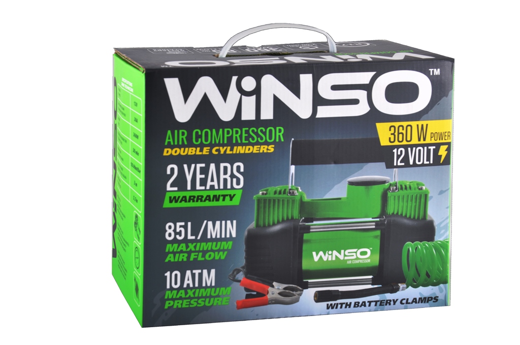 Компресор автомобільний WINSO 10 Атм, 85 л/хв. 2-циліндра 360Вт., кабель 3м., шланг 5,7м., спускний3