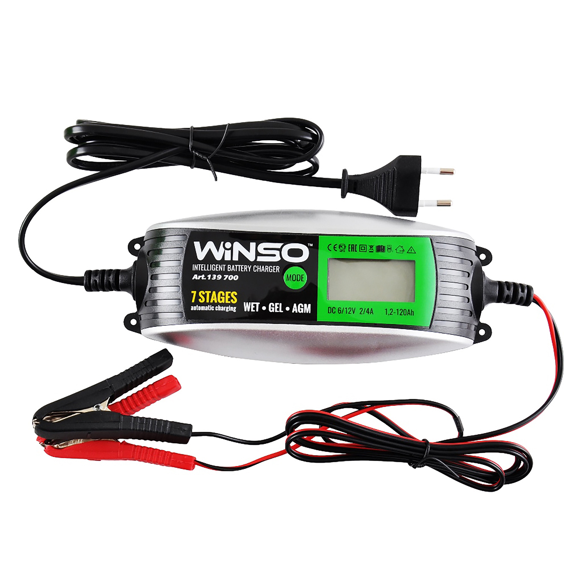 Зарядний пристрій АКБ, інтелектуальний, 6/12В, макс.струм підзар.4A, макс.ємність 120Ah WINSO1