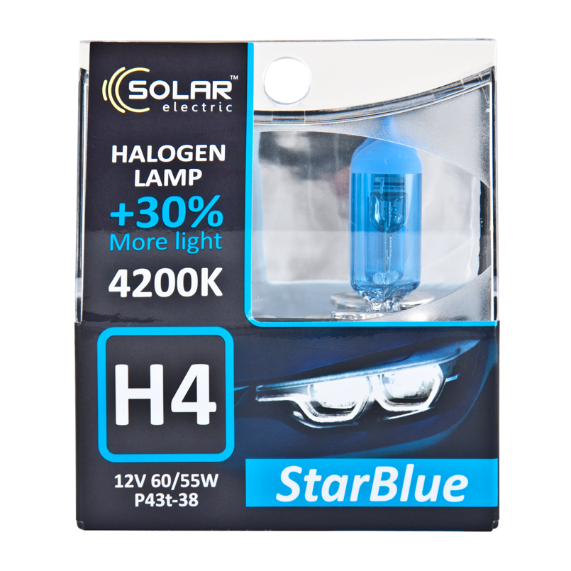SOLAR Автолампа H4 12V 60/55W P43t-38 StarBlue 4200K, SET (10/100шт.)1