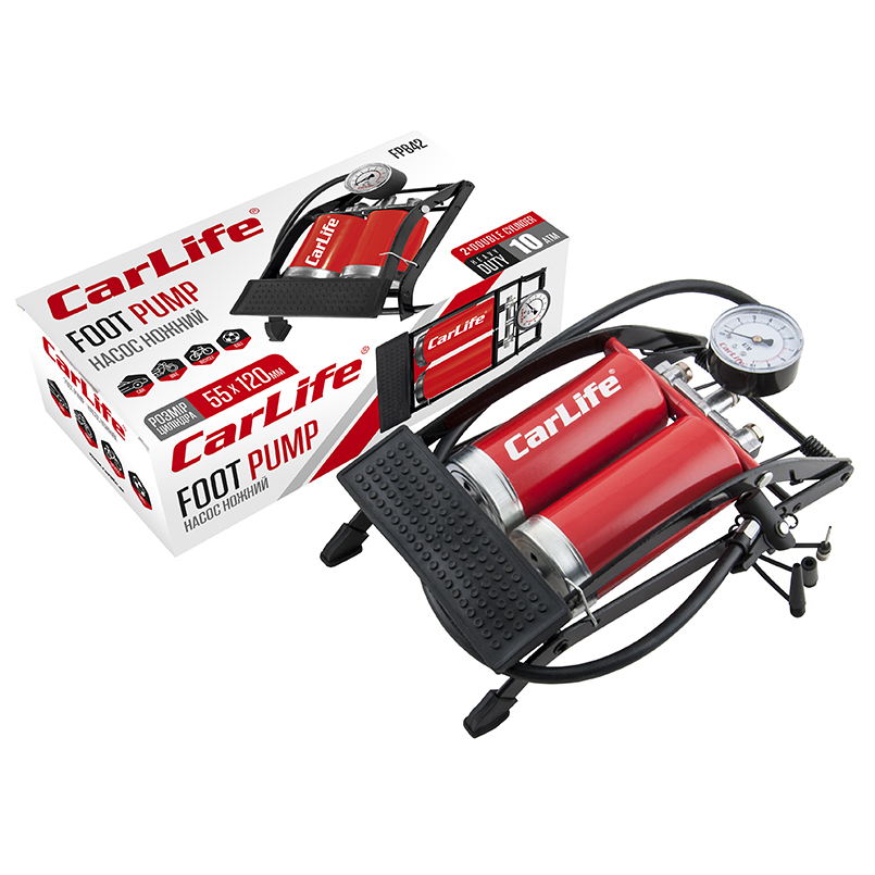Carlife Помпа ножна CARLIFE 55ммx120мм, двоциліндрова з манометром та додатковими адаптерами, 10 Атм1