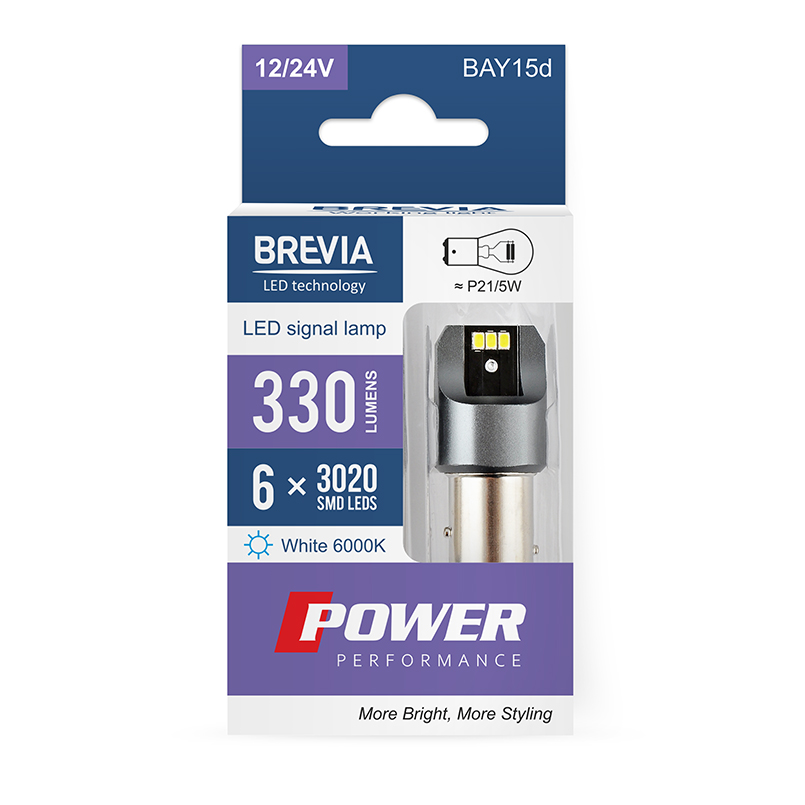 BREVIA Лампа світлодіодна Brevia Power P21/5W 330Lm 6x3020SMD 12/24V CANbus, 2шт. (20/200)3