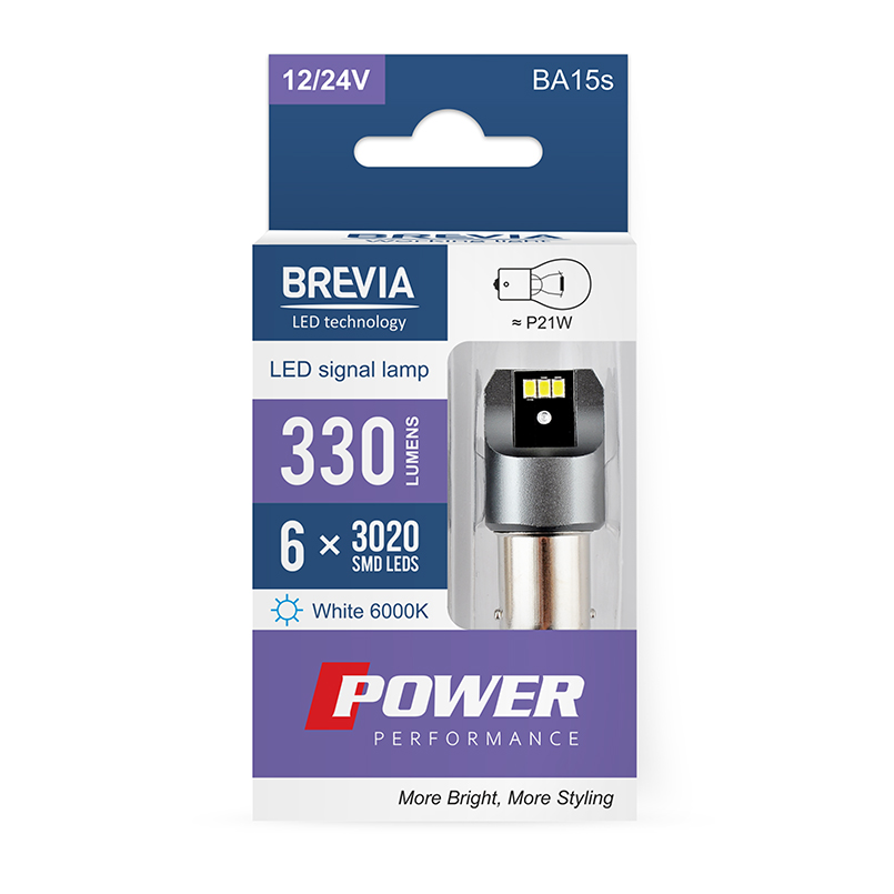 BREVIA Лампа світлодіодна Brevia Power P21W 330Lm 6x3020SMD 12/24V CANbus, 2шт. (20/200)3