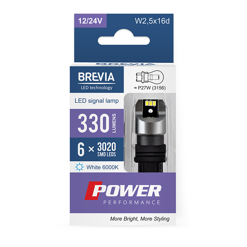 BREVIA Лампа світлодіодна Brevia Power P27W (3156) 330Lm 6x3020SMD 12/24V CANbus, 2шт. (20/200)3