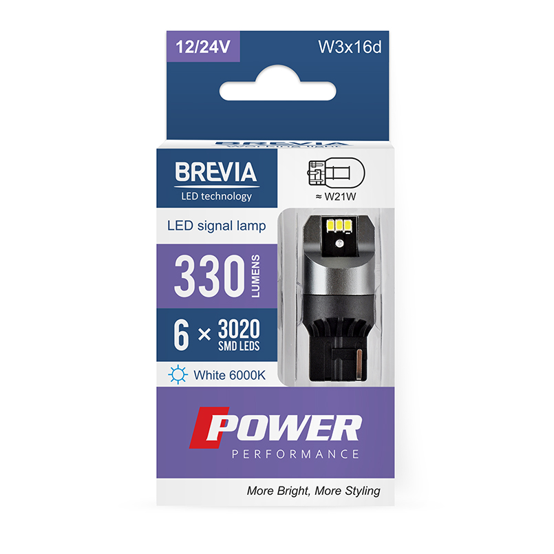 BREVIA Лампа світлодіодна Brevia Power W21W 330Lm 6x3020SMD 12/24V CANbus, 2шт. (20/200)3