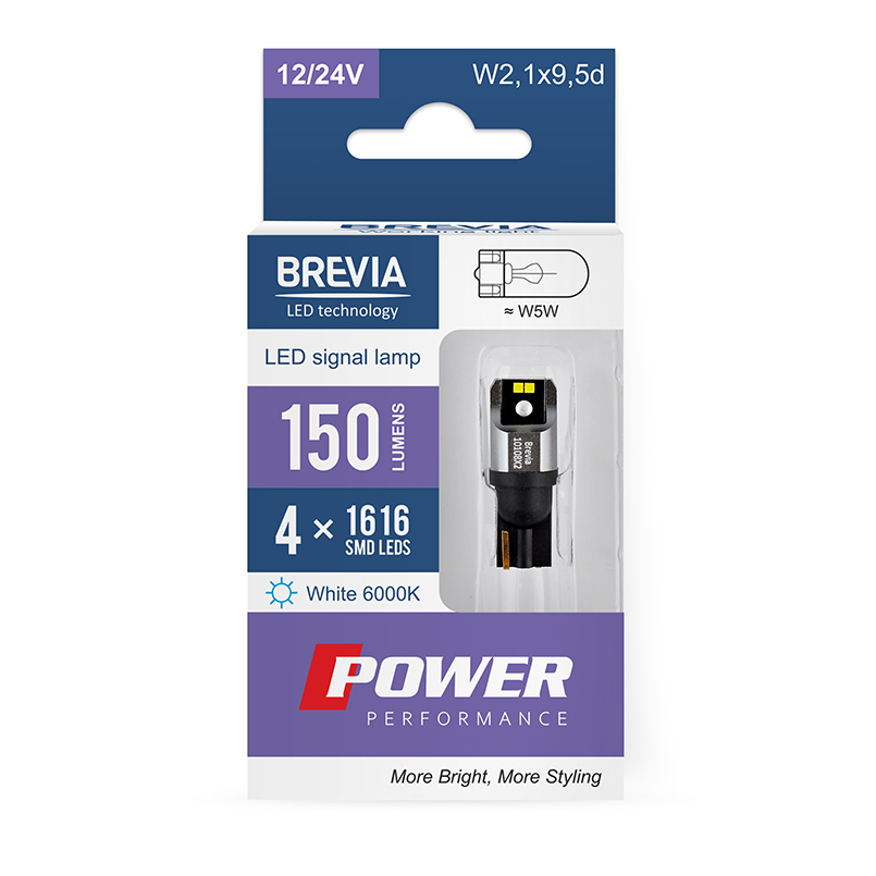 BREVIA Лампа світлодіодна Brevia Power W5W 150Lm 4x1616SMD 12/24V CANbus, 2шт. (20/200)3