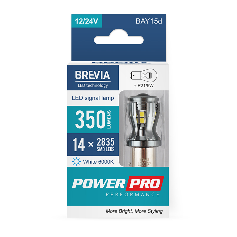 BREVIA Лампа світлодіодна Brevia PowerPro P21/5W 350Lm 14x2835SMD 12/24V CANbus, 2шт. (20/200)2