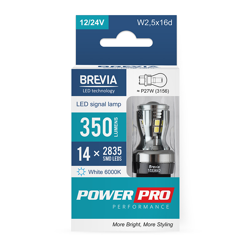 BREVIA Лампа світлодіодна Brevia PowerPro P27W (3156) 350Lm 14x2835SMD 12/24V CANbus, 2шт. (20/200)3