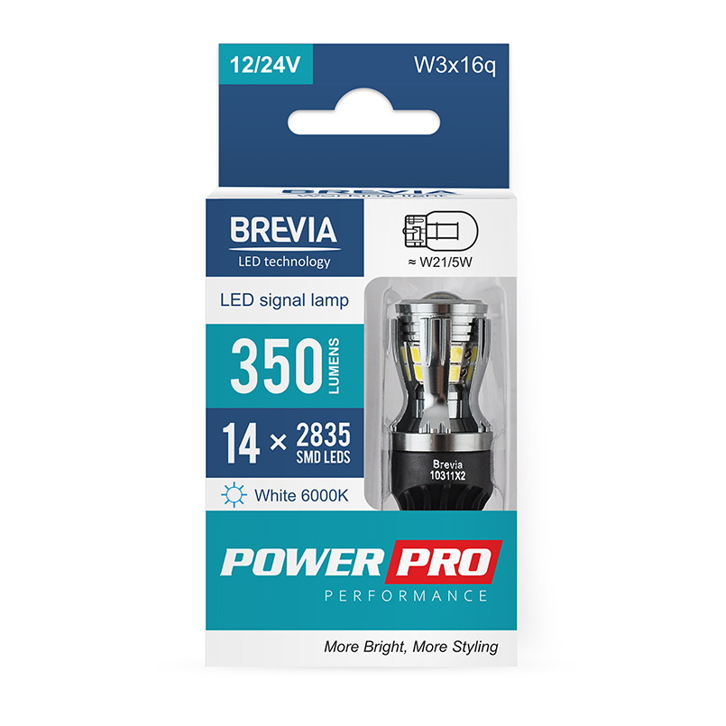 BREVIA Лампа світлодіодна Brevia PowerPro W21/5W 350Lm 14x2835SMD 12/24V CANbus, 2шт. (20/200)3