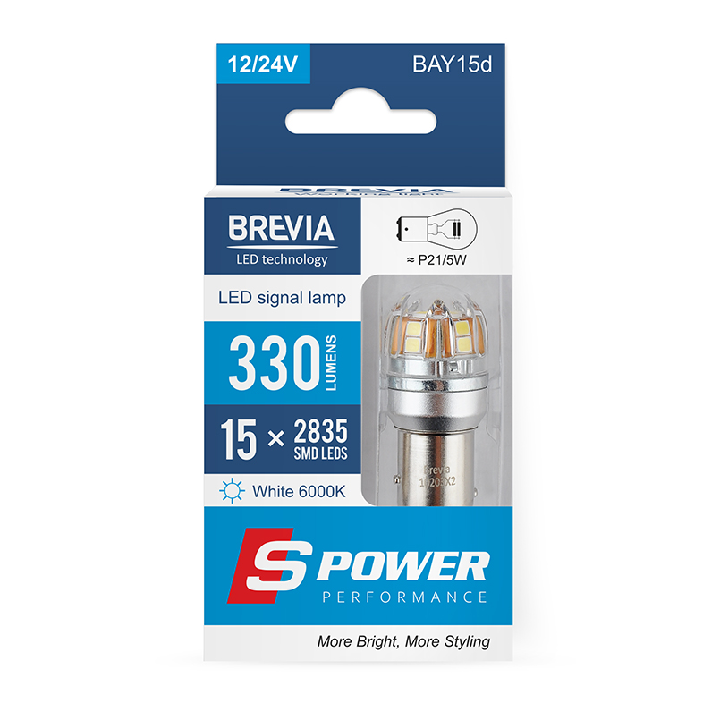 BREVIA Лампа світлодіодна Brevia S-Power P21/5W 330Lm 15x2835SMD 12/24V CANbus, 2шт. (20/200)3