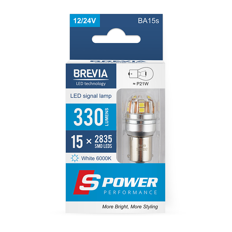 BREVIA Лампа світлодіодна Brevia S-Power P21W 330Lm 15x2835SMD 12/24V CANbus, 2шт. (20/200)3