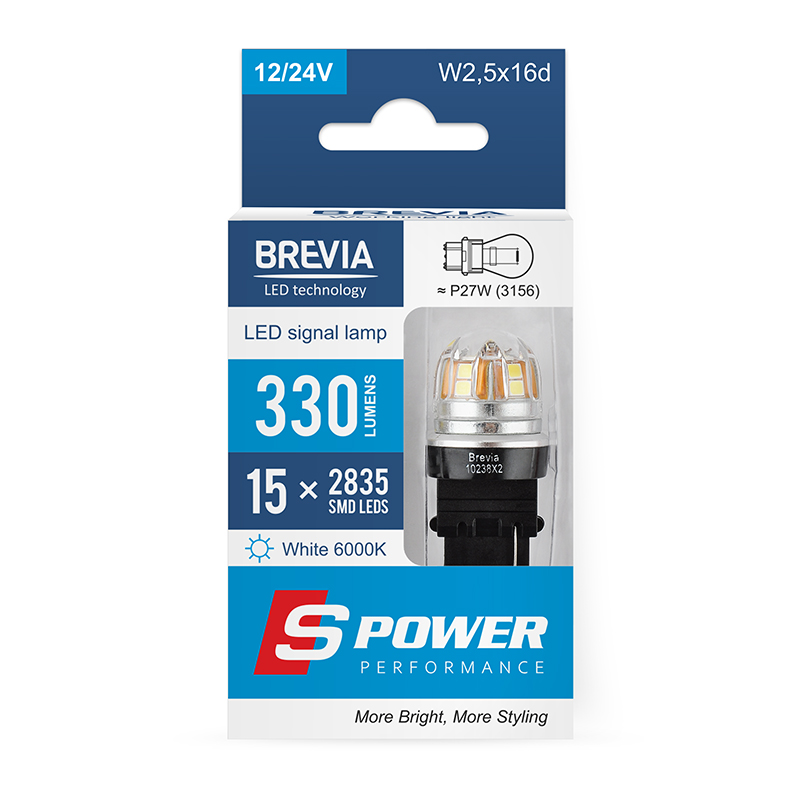 BREVIA Лампа світлодіодна Brevia S-Power P27W (3156) 330Lm 15x2835SMD 12/24V CANbus, 2шт. (20/200)3