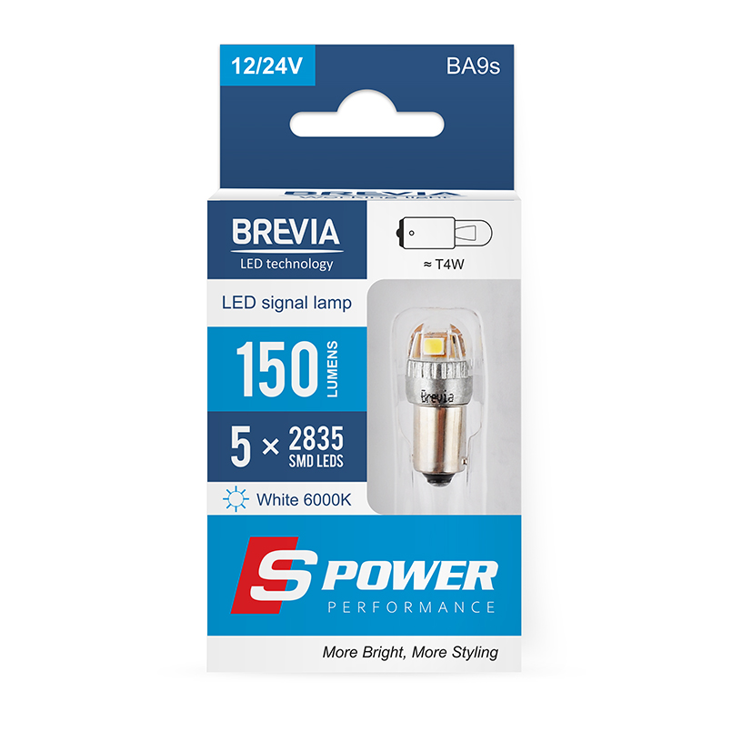 BREVIA Лампа світлодіодна Brevia S-Power T4W 150Lm 5x2835SMD 12/24V CANbus, 2шт. (20/200)3