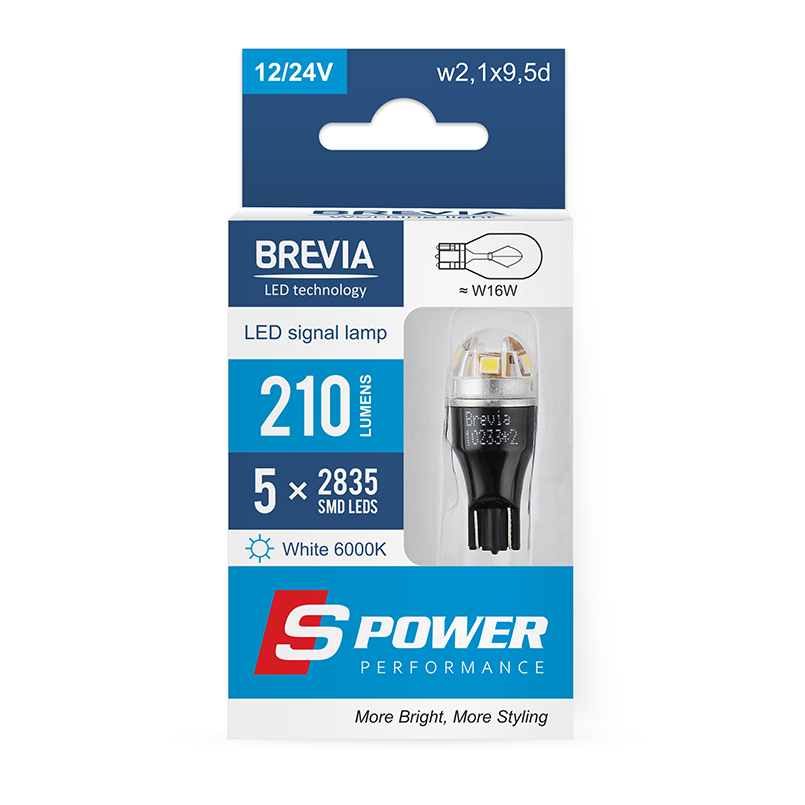 BREVIA Лампа світлодіодна Brevia S-Power W16W 180Lm 5x2835SMD 12/24V CANbus, 2шт. (20/200)3