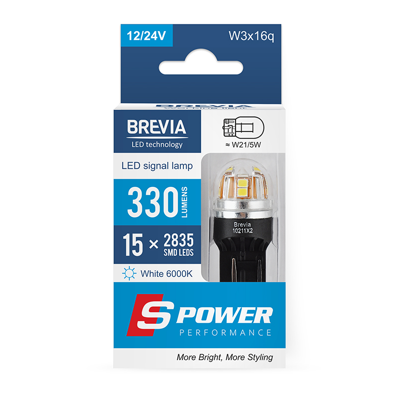 BREVIA Лампа світлодіодна Brevia S-Power W21/5W 330Lm 15x2835SMD 12/24V CANbus, 2шт. (20/200)3
