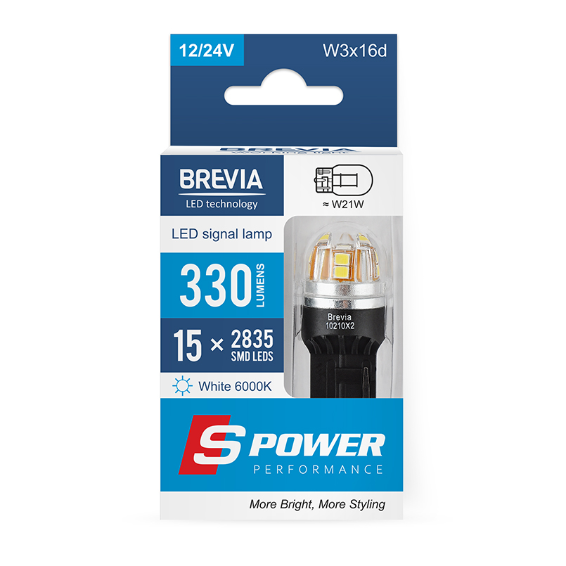 BREVIA Лампа світлодіодна Brevia S-Power W21W 330Lm 15x2835SMD 12/24V CANbus, 2шт. (20/200)3