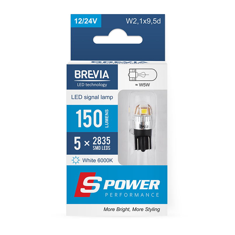 BREVIA Лампа світлодіодна Brevia S-Power W5W 150Lm 5x2835SMD 12/24V CANbus, 2шт. (20/200)3