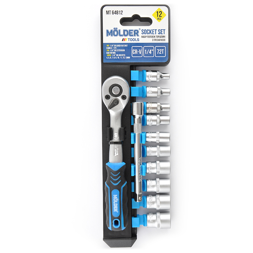MOLDER Професійний набір головок торцевих з тріскачкою та подовжувачем 1/4_ 72Т, CR-V, 4-13 мм,12шт(1