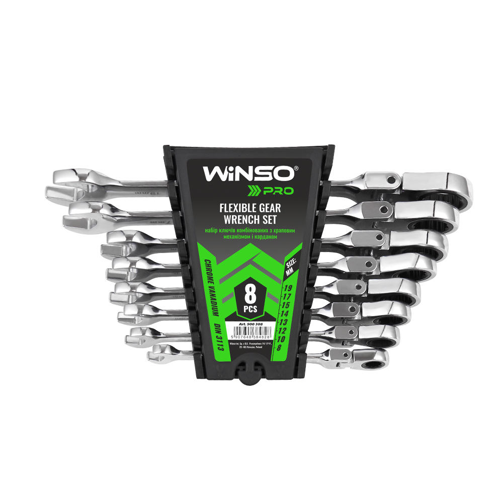 Набір ключів комбінованих WINSO PRO з тріскачкою та карданом CR-V,  8шт (8-19, 8-10-12-13-14-15-17-11