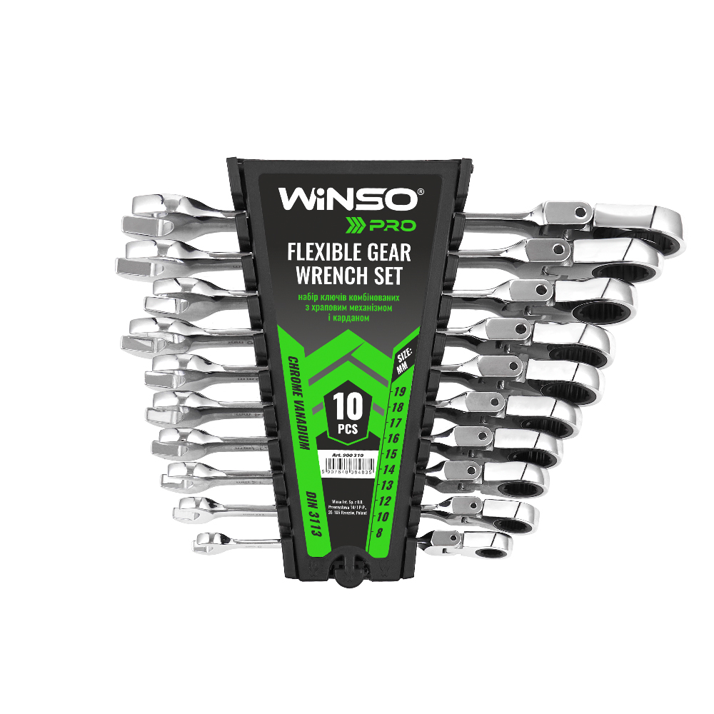 Набір ключів комбінованих WINSO PRO з тріскачкою та карданом CR-V, 10шт (8-19, 8-10-12-13-14-15-17-11