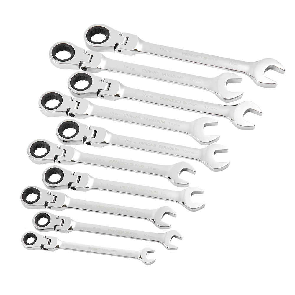 Набір ключів комбінованих WINSO PRO з тріскачкою та карданом CR-V, 10шт (8-19, 8-10-12-13-14-15-17-12