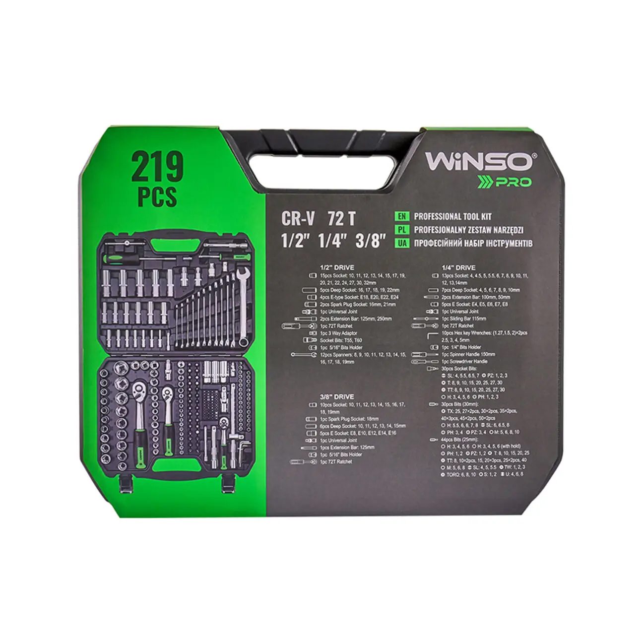 Професійний набір інструментів в кейсі WINSO Pro 1/2_, 1/4_, 3/8_ 72 T, CR-V, 219 од.2
