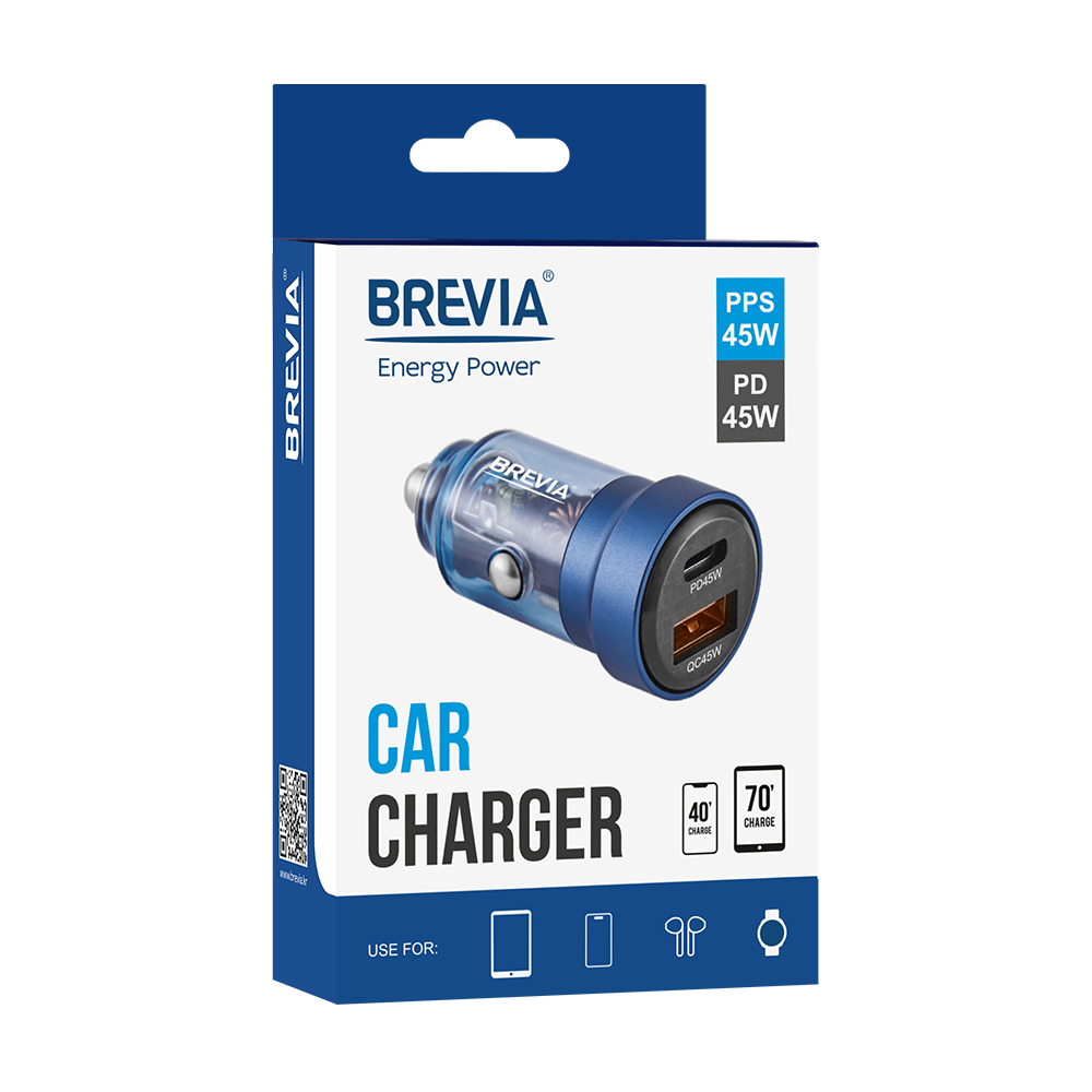 BREVIA АЗП ePower DualCharge 45W 1xUSB-C+1xUSB-A, transparent blue (250шт.)2